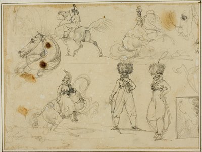 Luonnosarkki: Sotilaat, hevoset ja maisema tekijältä Jean Louis André Théodore Géricault