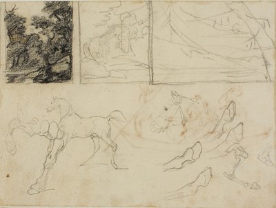 Luonnosarkki: kolme maisemaa, hevoset ja kaviot tekijältä Jean Louis André Théodore Géricault