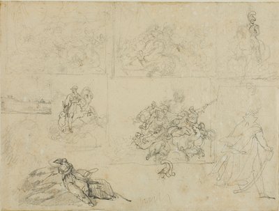 Luonnoksia ratsuväen taistelusta, sotilaista ja maisemasta. tekijältä Jean Louis André Théodore Géricault
