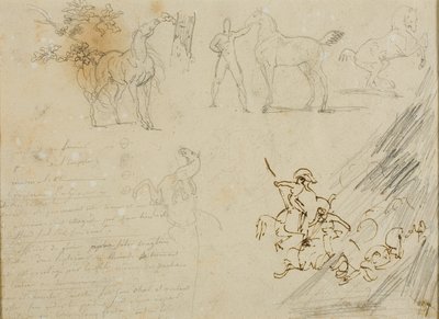 Luonnoksia hevosista, hevosta pitelevä sulhanen, ratsuväen taistelu tekijältä Jean Louis André Théodore Géricault