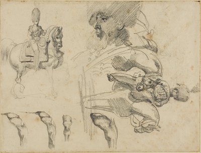 Hevosten, sotilaiden ja kavioiden luonnoksia tekijältä Jean Louis André Théodore Géricault