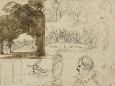 Luonnoksia puistonäkymistä, päitä, hevonen tekijältä Jean Louis André Théodore Géricault