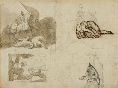 Luonnoksia ratsuväen taistelusta, maisema lehmien kanssa ja muita sävellyksiä tekijältä Jean Louis André Théodore Géricault
