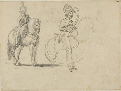 Piirrokset ratsastajasta ja ratsuväen upseerista, jolla on piirretty sapeli. tekijältä Jean Louis André Théodore Géricault