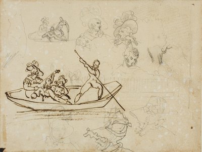 Luonnoksia musiikillisesta veneilyjuhlasta ja naisesta, jolla on pitkä hattu päässään. tekijältä Jean Louis André Théodore Géricault