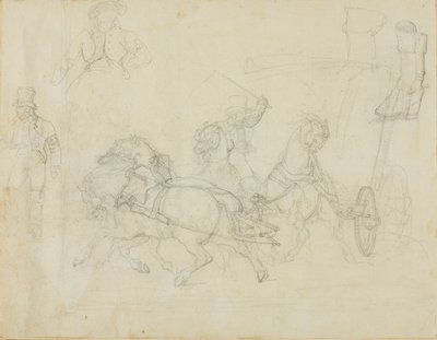 Viiden hevosen vetämät postivaunut ja muita luonnoksia tekijältä Jean Louis André Théodore Géricault