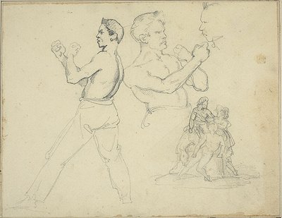 Nyrkkeilijätutkimuksia ja luonnos hevosmiehestä, jota kaksi hahmoa seuraa. tekijältä Jean Louis André Théodore Géricault