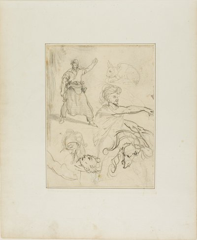 Sepän ja hevosen pään luonnoksia sekä luonnoksia muista hahmoista ja jäniksestä. tekijältä Jean Louis André Théodore Géricault