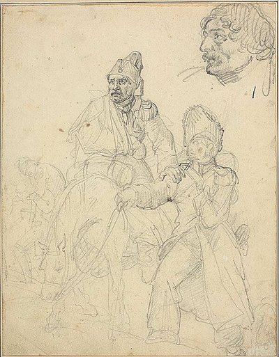 Tutkimus henkilöryhmästä, jossa on yksityiskohta krenatöörin päästä. tekijältä Jean Louis André Théodore Géricault