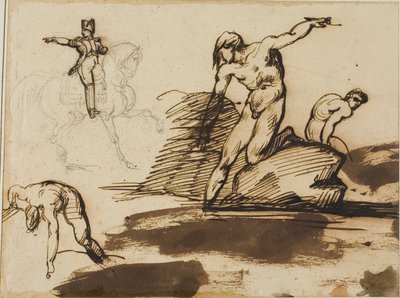 Tutkimus Napoleonista hevosen selässä ja luonnoksia alastonkuvista kallioiden keskellä. tekijältä Jean Louis André Théodore Géricault