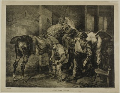 The English Farrier, levy 10 eri aiheista, jotka on piirretty elämästä kivelle. tekijältä Jean Louis André Théodore Géricault