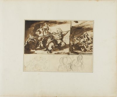 Kolme luonnosta ratsastustaistelusta ja luonnos kahdesta taistelusta tekijältä Jean Louis André Théodore Géricault