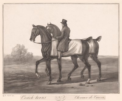 Ratsastaja seuraa kahta hevosta Chevaux de Carosse (otsikko esineessä) tekijältä Jean Louis Darcis (attributed to)