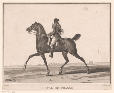 Ratsastaja hevosen selässä metsästystorvella Cheval de Chasse (nimi esineessä) Sujets de chevaux (sarjan nimi) tekijältä Jean Louis Darcis