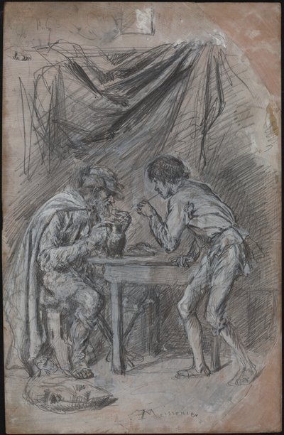 Lazarillo de Tormes varastaa juoman sokealta mieheltä tekijältä Jean Louis Ernest Meissonier