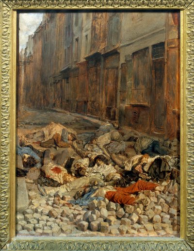 Vuoden 1848 vallankumous: "" Barrikadi rue de la Mortellerie kesäkuussa 1848 tai muisto sisällissodasta"" Ernest Meissonier (1815-1891) maalaus 1848 Su. 0,29 x 0,22 m Pariisi. Louvren taidemuseo tekijältä Jean Louis Ernest Meissonier