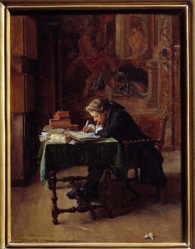 Nuori mies kirjoittamassa toimistossaan Ernest Meissonierin maalaus tekijältä Jean Louis Ernest Meissonier