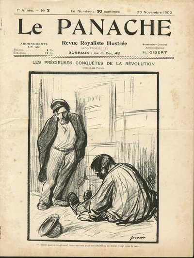 Jean-Louis Forainin (1852-1931) kuvitus Le Panachen, rojalistisen aikakauslehtikuvan kannelle tekijältä Jean Louis Forain
