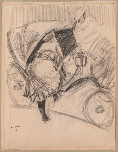 Nainen astuu Fiacreen (hiili ja mustalla musteella kehystetyt viivat) tekijältä Jean Louis Forain