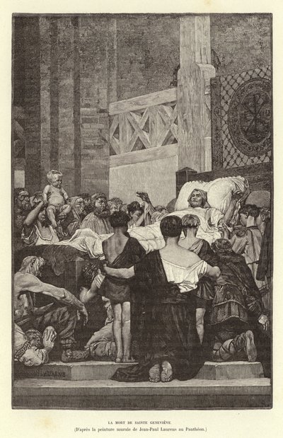 La Mort de Sainte Genevieve. Pyhän Genevieven kuolema, c512 (kaiverrus) tekijältä Jean Louis Hamon