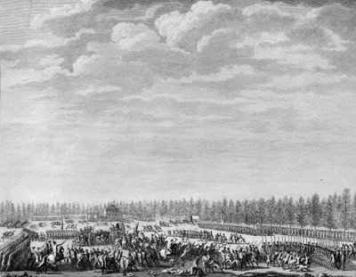 Ranskan vallankumous: Gilbert du Motier, markiisi de la Fayette (1757-1834) riisui kaksisataa sotilasta aseista kurittomuus Champs Elysees