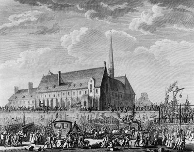 Ranskan vallankumous: Kuningas Ludvig XVI saapuu perheineen (Marie Antoinette, delfiini Louis Charles Ranskan tai Louis XVII ja Marie Therese, joka tunnetaan nimellä "Madame Royale") Pariisiin 6. lokakuuta tekijältä Jean Louis II (after) Prieur