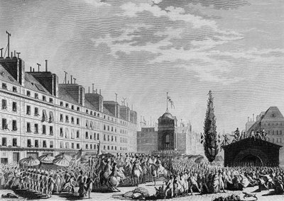 Ranskan vallankumous: perustuslain julistus (Perustuslaillinen monarkia: vallanjako ja perustuslaillisen monarkian instituutio) Place du Marche des Innocents Pariisissa 14. syyskuuta tekijältä Jean Louis II (after) Prieur
