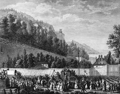 Ranskan vallankumous: Hallen naiset menevät Versaillesiin kuninkaan luo 5. lokakuuta tekijältä Jean Louis II (after) Prieur