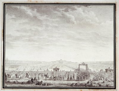 Ranskan vallankumous: "" Les troupes du Champ-de-Mars lähdössä Place Louis XV:lle: 12 juillet 1789"" Jean-Louis Prieurin (1759-1795) 1700-luvulla piirros musteella ja pesulla. Himmeä. 0,17x0,23 m. Pariisi, Musee Carnavalet tekijältä Jean Louis the Younger Prieur