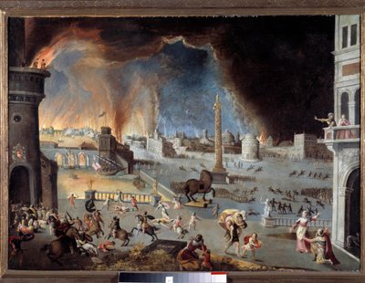 Kaapata Troijan Scene Troijan sodan, kaupunki on tuhoutunut kreikkalaisten tunkeutui kaupungin ansiosta hevonen. Jean Maublancin (1582-1628) maalaus. 17. vuosisata. Besancon, musee des Beaux Arts - Troijan kaatuminen - Troijalaisen kohtaus W tekijältä Jean Maublanc