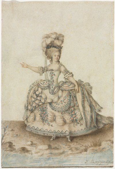 Oopperalaulajan pukututkimus, 1781. tekijältä Jean Michel Moreau le Jeune