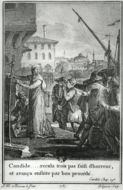 Candide ... otti kolme askelta taaksepäin kauhuissaan ja eteni sitten hyvällä menettelyllä, kuva Francois Voltairen (1694-1778) Candiden luvusta 29, jonka kaiverrus Jean Louis Delignon (1755-1804) 1787 tekijältä Jean Michel the Younger Moreau