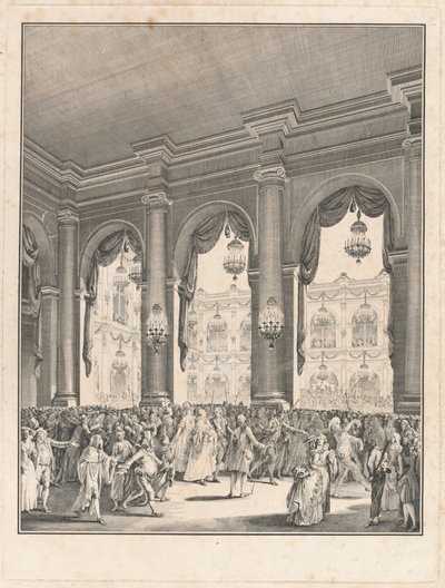 Naamiopallo - Monseigneur Dauphinin syntymän kunniaksi 23. tammikuuta 1782 pidetty juhla tekijältä Jean Michel Moreau the Younger