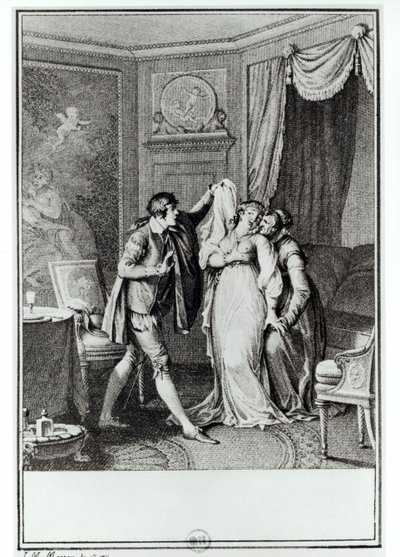 "Ota pois se verho", vanha nainen sanoi Candiden kanssa, kuvitus Francois Voltairen (1694-1778) "Candiden" luvusta 7, 1787 (kaiverrus) (bw-kuva) tekijältä Jean Michel the Younger Moreau