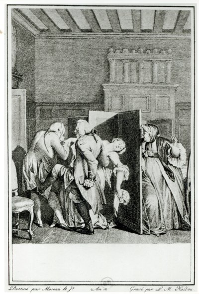 Paroni... tervehti Candidea huomattavilla potkuilla housuun ja ajoi hänet ulos ovesta. Louis Michel Halboun kaivertaman kuvituksen Francois Voltairen (1694-1778) Candiden luvusta 1 ( tekijältä Jean Michel the Younger Moreau