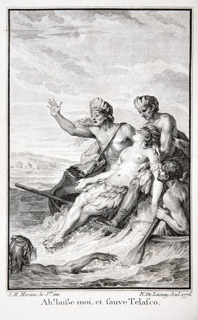 Ah! Jätä minut ja pelasta Telasco!, kuvitus Jean-Francois Marmontelin teoksesta "Inkat tai Perun valtakunnan tuho", kaiverrettu Nicolas Delaunay tekijältä Jean Michel the Younger (after) Moreau