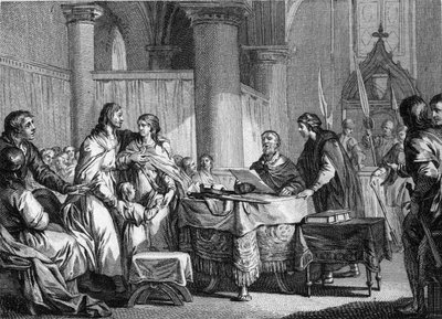 Austraasian palatsin pormestarin Carlomanin (n. 715-754) luopuminen veljensä Pepin III dit Pepin le Brief (714-768), 747 hyväksi. Kaiverrus Jean Michel Moreau, dit Moreau le Jeune ( 1741-1814) tekijältä Jean Michel the Younger Moreau