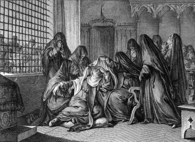 Abelard ja Heloise: Heloise (1101-1164) ottaa verhon Argenteuilin naisten luostarissa. Kaiverrus Jean Michel Moreau, dit Moreau le Jeune (1741-1814) tekijältä Jean Michel the Younger Moreau