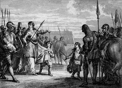 Charles Martel lähetettiin vankilaan, 714: Plectrude (n. 650-717), Pepin de Herstalin leski, lähetti nuoren Charles Martelin (688-741) vankilaan poistamaan hänet vallasta. Kaiverrus Jean Michel Moreau, dit Moreau le Jeune (1741-1814) tekijältä Jean Michel the Younger Moreau