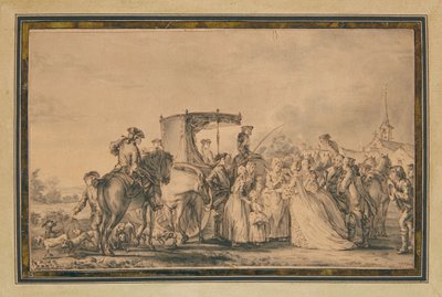 Marie Antoinette, joka poistuu vaunustaan ja korteensa ympäröimänä, lohduttaa talonpoikaa, 1773 tekijältä Jean Michel the Younger Moreau