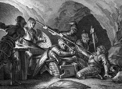 Akvitanian herttuakunnan tapaaminen kruunuun: Aquitanian herttua Waifren (tai Gaifierin) salamurha (767 tai 768). Romanetin kaiverrus Moreau le jeunen (1779) mukaan. tekijältä Jean Michel the Younger Moreau