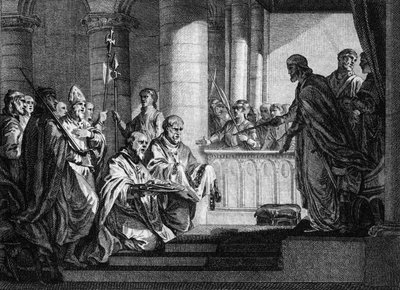 Paavi Gregoire III (kuoli 741) pyysi apua frangien kuninkaalta Charles Martelilta (688-741) Italian langobard-joukkojen karkottamiseksi, 741. Kaiverrus Jean Michel Moreau, dit Moreau le Jeune (1741-1814) tekijältä Jean Michel the Younger Moreau