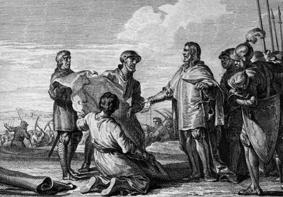 Reinin ja Tonavan välinen kanava, 793: Kaarle (747-814) vierailee kanavapaikalla yhdistääkseen Pohjanmeren Mustaanmereen. Kaiverrus Jean Michel Moreau, dit Moreau le Jeune (1741-1814) tekijältä Jean Michel the Younger Moreau