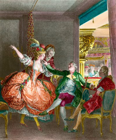Prostituutio: "" Esitys teatterissa""" Nuori nainen esitellään parittajan kautta herralle. Moreau le Jeunen (1741-1814) kaiverrus. 1800-luvulla. Yksityinen kokoelma tekijältä Jean Michel the Younger Moreau