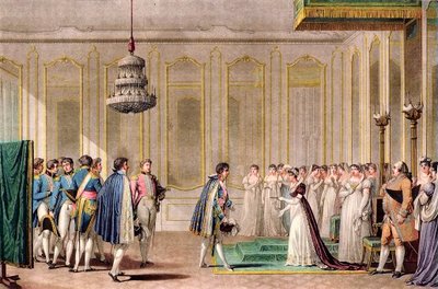 Napoleonin valtuutettu avioliittoehdotus, jonka Neufchatelin prinssi (Louis-Alexandre Berthier) esitti Itävallan keisarinnalle - kaiverrus Jean-Michel Moreau le jeune - Hänen asuntonsa huoneessa, Itävallan Imperatrice Marie Louise (Marie-Louise) (1791- 18 tekijältä Jean Michel the Younger Moreau