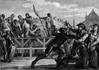 Bernardin, Italian kuninkaan (n. 797-818), 818 rangaistus: hän on kuollut kapinasta Ludvig I hurskasta tai Debonnairea vastaan. Kaiverrus Jean Michel Moreau, dit Moreau le Jeune (1741-1814) tekijältä Jean Michel the Younger Moreau