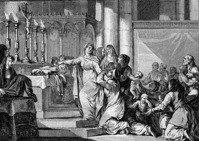 Sainte Bathilde (tai Batilde, Bathylle, Beaudour) (626-680), frangien kuningatar ja Clovis II:n leski, päätti ottaa verhon Chellesin luostarissa vuonna 665. Hänen alamaiset yrittävät pysäyttää hänet. Kaiverrus Jean Michel Moreau, dit Moreau le Jeune (1741- tekijältä Jean Michel the Younger Moreau