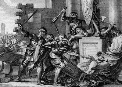Sota sakseja vastaan, 772: Kaarle Suuren armeija tuhosi Irmensulin, saksien paialaisen jumalan, temppelin ja epäjumalan. Eresburg, Saksa. Kaiverrus Jean Michel Moreau, dit Moreau le Jeune (1741-1814) tekijältä Jean Michel the Younger Moreau