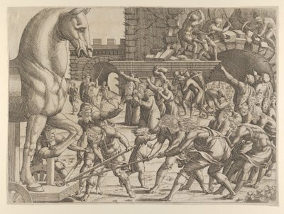 Troijalaiset tuovat puisen hevosen kaupunkiinsa, 1535-55. tekijältä Jean Mignon