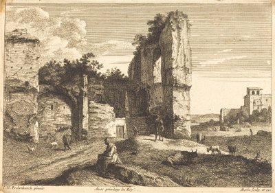 Vanha nainen istuu tekijältä Jean Morin after Cornelis van Poelenburch